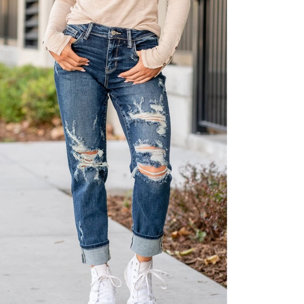 NWT Judy Blue Jeans Berkeley Distressed Cuffed Boyfriend Sz 15 | 32